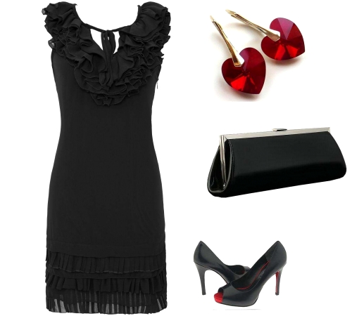 Elegancka szyfonowa sukienka wieczorowa z żabotem czarna 562 - goddess