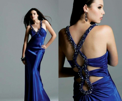 Suknia kobaltowa - zdobione plecy model 6330 - Faviana